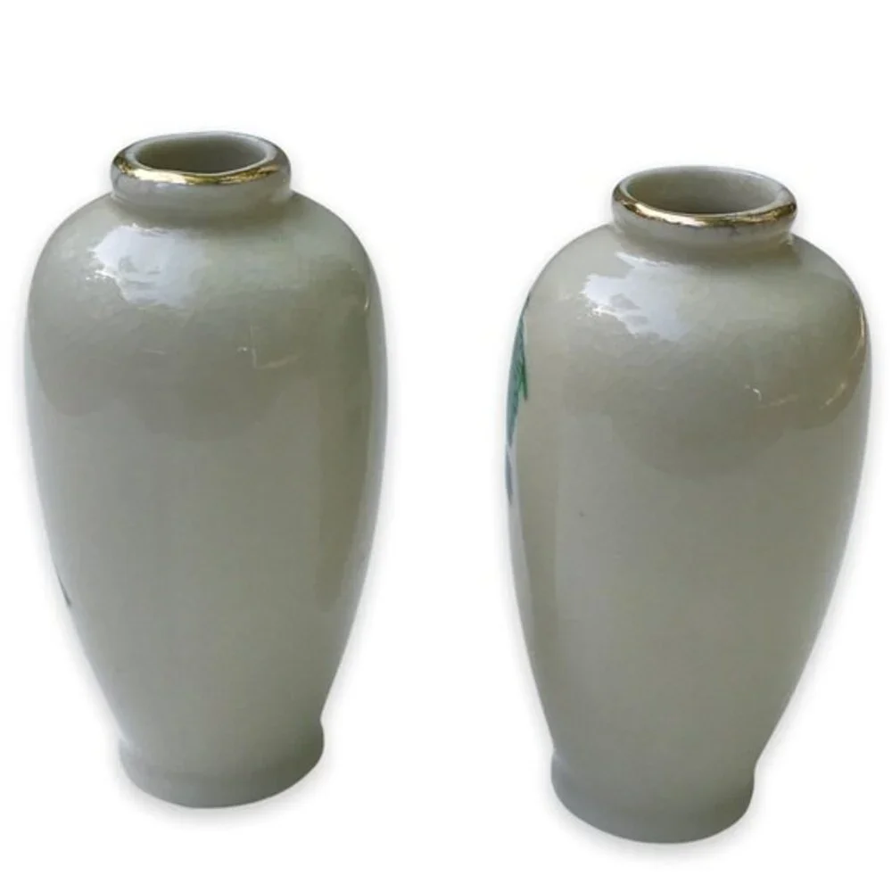 Vintage Homco Japan Mini Flower Vases Pair of 2 Grapevine and Floral Designs